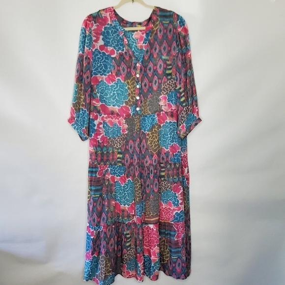 Figueroa & Flower Tiered Floral Maxi Dress Size 2X Slip Dress Lining Puff Sleeve - Picture 4 of 15